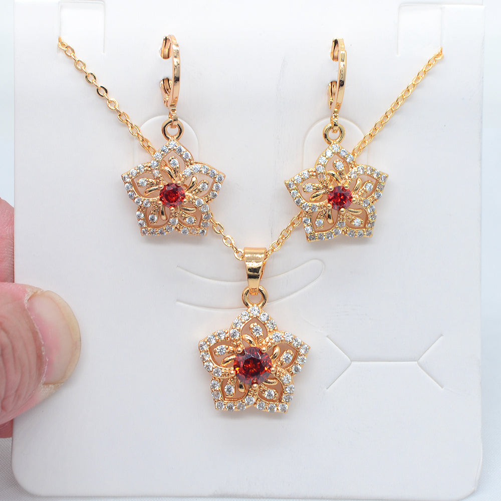 Wholesale Gold Plated Women Fashion Red Zircon CZ Flower Jewelry Set for Wedding