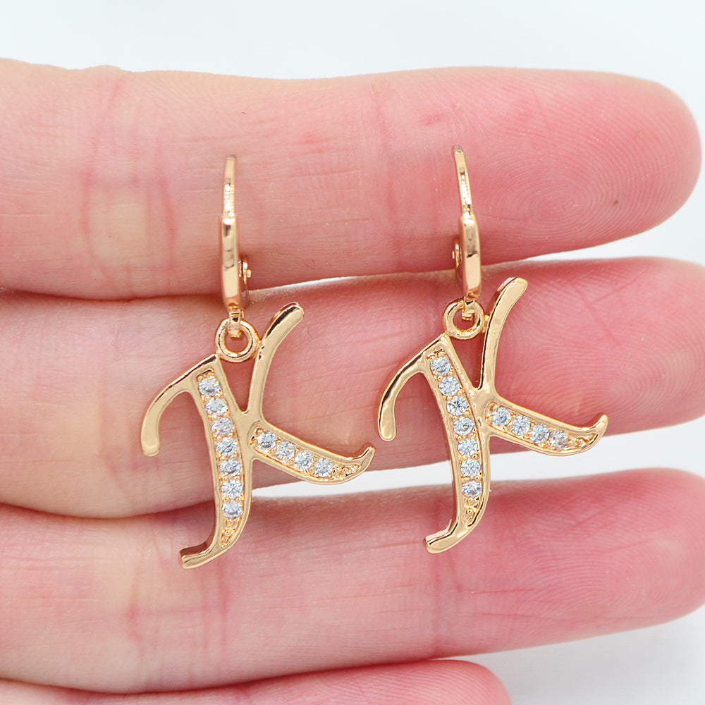 Wholesale Gold Plated Women Clear Zircon CZ Alphbet Letter A to Z Dangle Earrings Jewelry