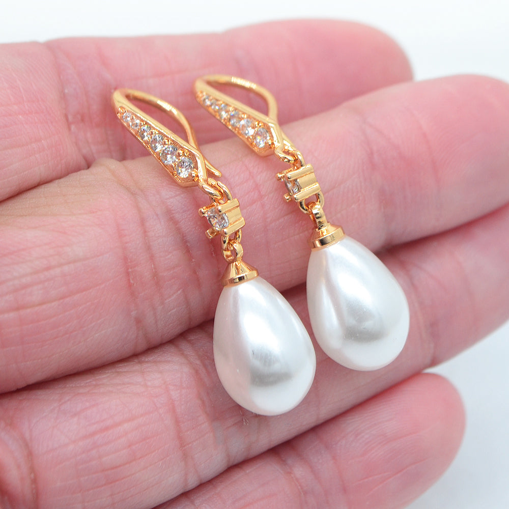 Wholesale Gold Plated Women Clear Zircon White Teardrop Pearl Dangle Earrings Jewelry