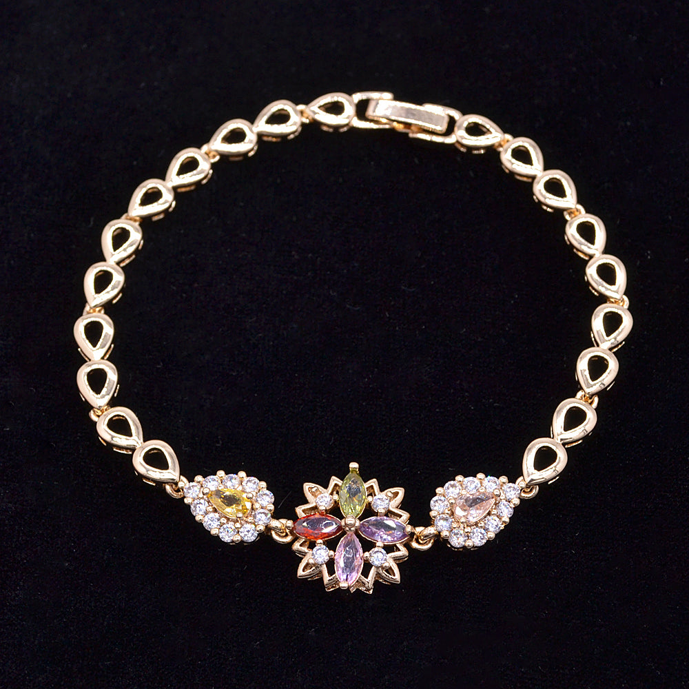 Wholesale Gold Plated Women Trendy Multicolor Zircon CZ Flower Charm Bracelet Jewelry
