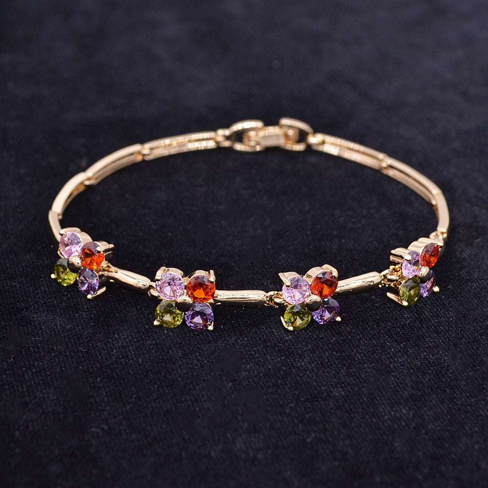 Wholesale Gold Plated Women Multicolor Zircon CZ Fancy Flower Bracelet Jewelry