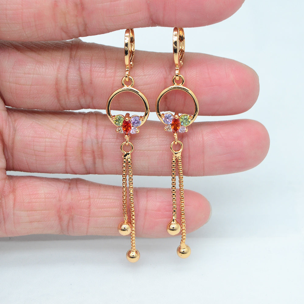 Wholesale Gold Plated Women Multicolor Zircon CZ Butterfly Tassel Dangle Earrings Jewelry