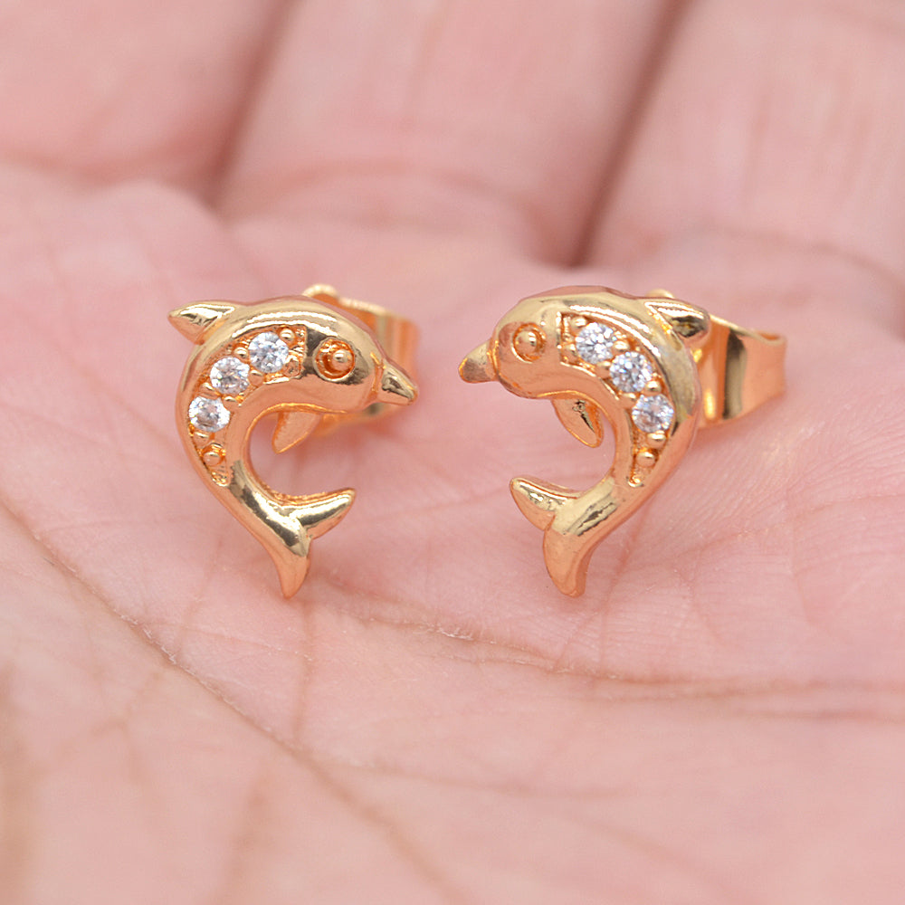 Wholesale Gold Plated Women Clear Zircon CZ Dolphin Stud Earrings Jewelry