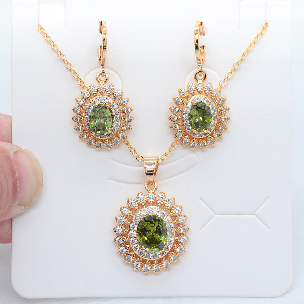 Wholesale Gold Plated Women Luxury Green Zircon CZ Halo Oval Jewelry Set