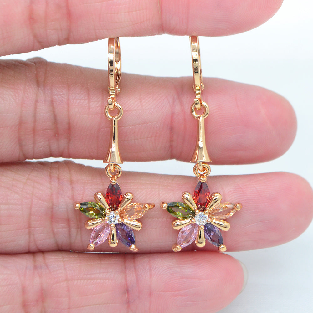 Wholesale Gold Plated Women Multicolor Zircon Flower Dangle Earring Jewelry