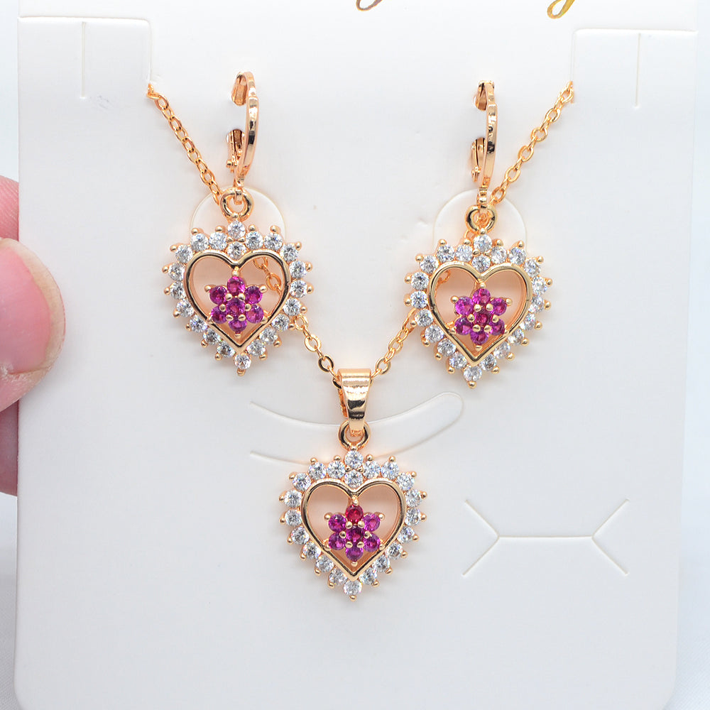 Wholesale Gold Plated Women Rose Red Zircon CZ Love Hearts Wedding Jewelry Set