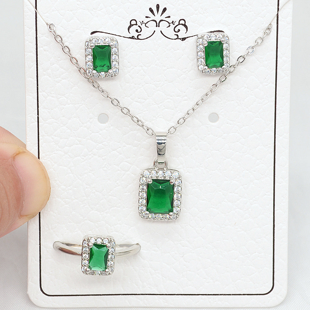 Wholesale Gold Plated Women Green Zircon CZ Anniversary Jewelry Set Free Ring Size