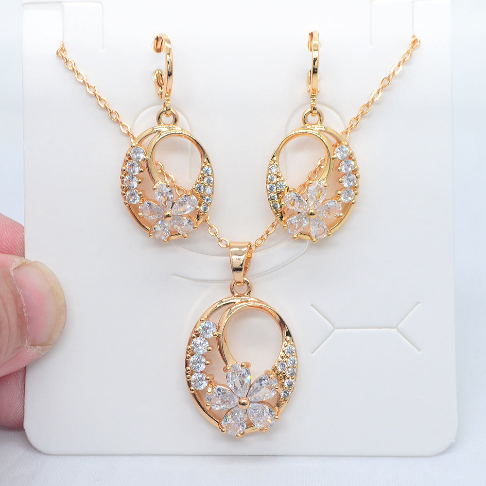 Wholesale Gold Plated Women Fashion Multicolor Zircon CZ Oval Flower Jewelry Set