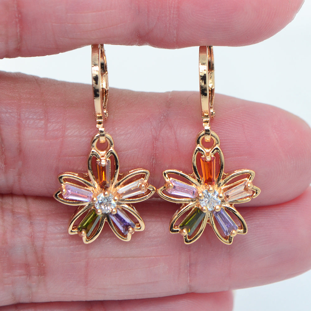 Wholesale Gold Plated Women Trendy Multicolor Zircon CZ Flower Dangle Earring Jewelry
