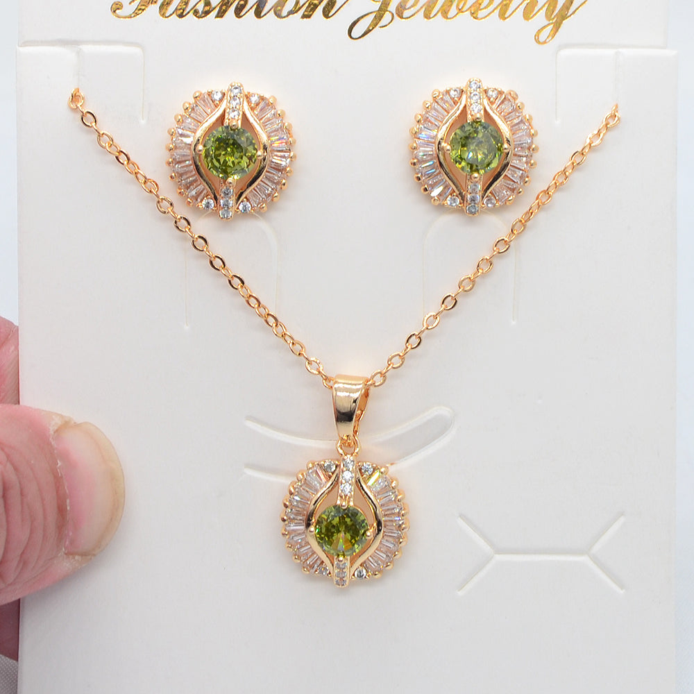 Wholesale Gold Plated Women Fashion Green Zircon CZ Wedding Jewelry Set
