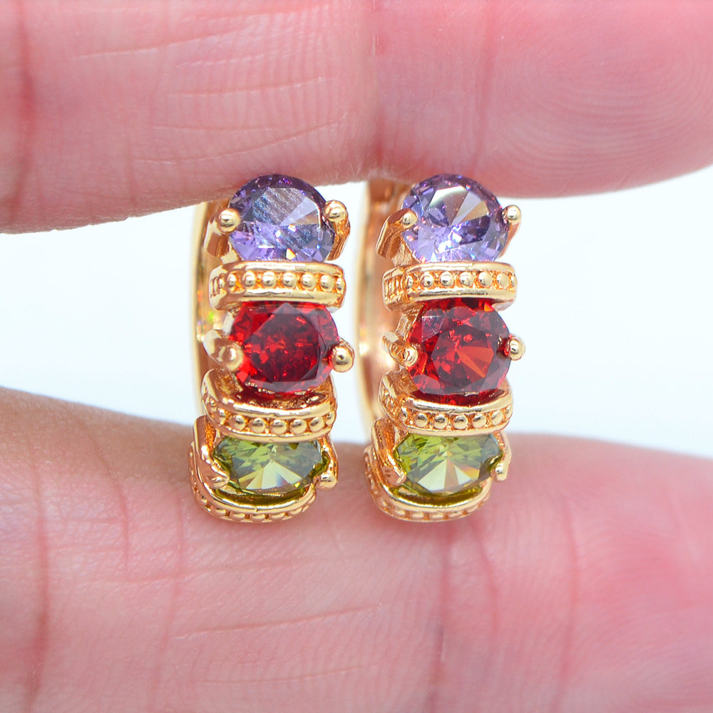 Wholesale Gold Plated Women Rainbow Triple Round Zircon CZ Hoop Huggie Earrings Jewelry