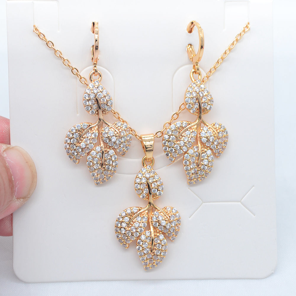 Wholesale Gold Plated Women Fashion Multicolor Zircon CZ Leaf Jewelry Set