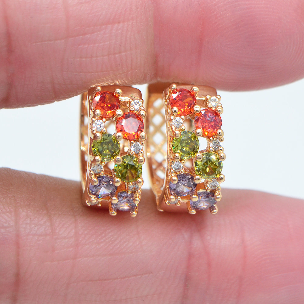 Wholesale Gold Plated Women Multicolor Zircon CZ Dots Design Huggie Earrings Jewelry