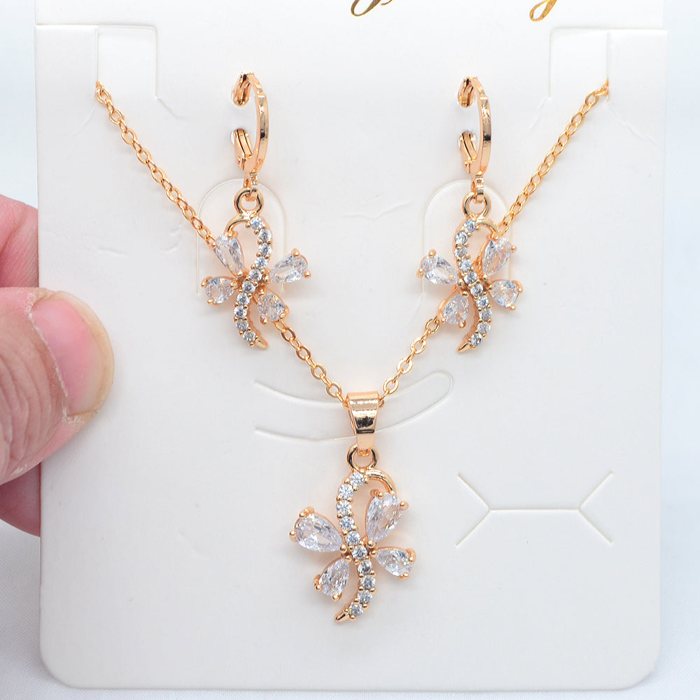 Wholesale Gold Plated Women Fashion Multicolor Zircon CZ Artistic Flower Jewelry Set
