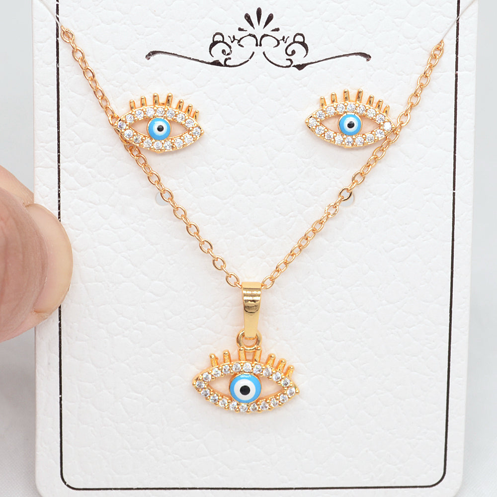 Wholesale Gold Plated Women Clear Zircon CZ Blue Evil Eye Jewelry Set