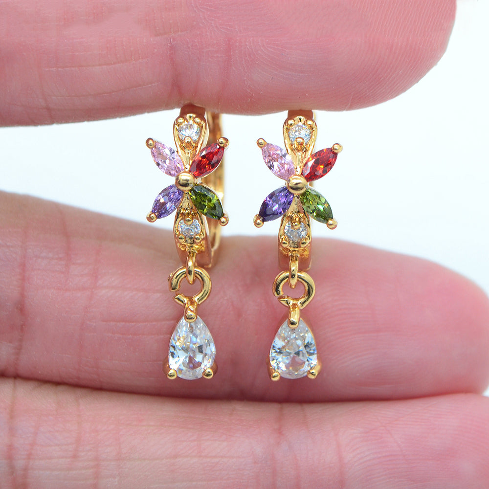 Wholesale Gold Plated Women Multicolor Zircon CZ Flower Dangle Huggie Earrings Jewelry