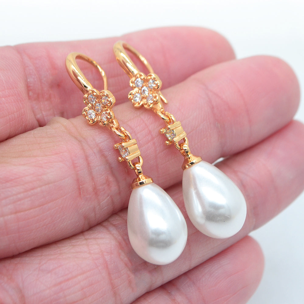 Wholesale Gold Plated Women Clear Zircon White Teardrop Pearl Dangle Earrings Jewelry