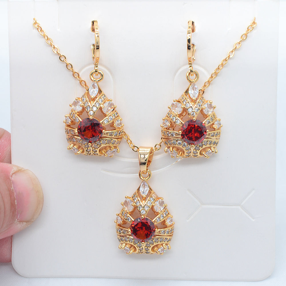 Wholesale Gold Plated Women Fashion Green Zircon CZ Water Drop Jewelry Set