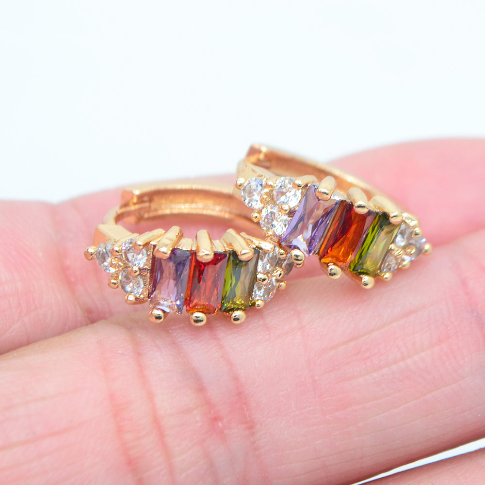 Wholesale Gold Plated Women Fashion Rainbow Zircon CZ Hoop Huggie Earrings Jewelry