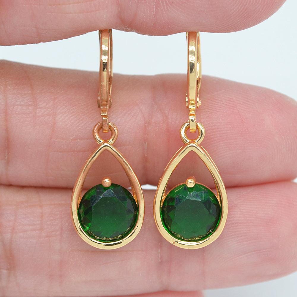 Wholesale Gold Plated Women Jade Green Zircon CZ Teardrop Dangle Earrings Jewelry