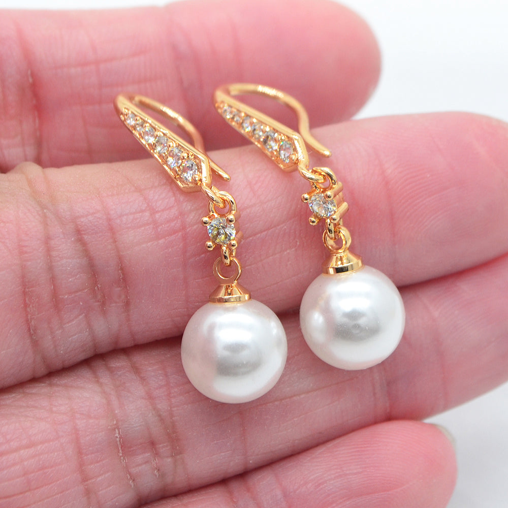Wholesale Gold Plated Women Clear Zircon White Round Pearl Dangle Earrings Jewelry