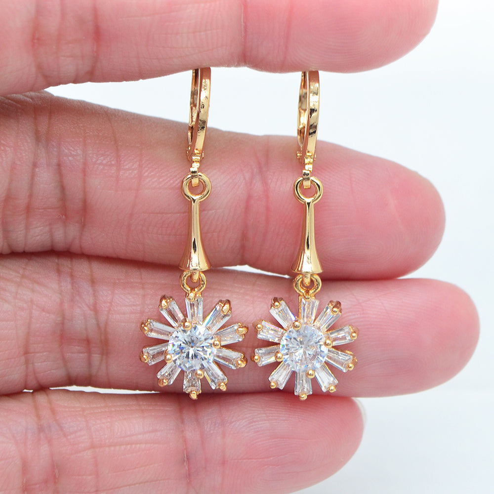 Wholesale Gold Plated Women Clear Zircon CZ Sunflower Dangle Earring Jewelry
