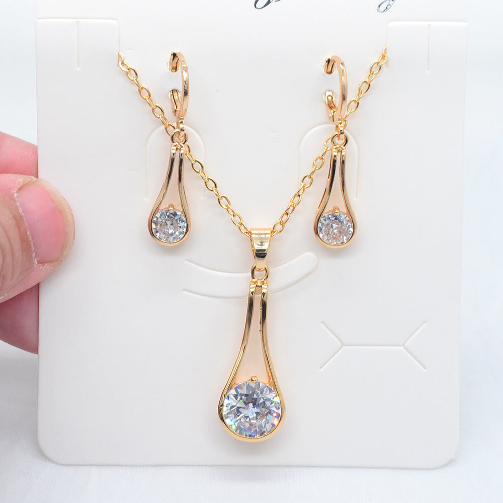 Wholesale Gold Plated Women Red Zircon CZ Long Teardrop Jewelry Set