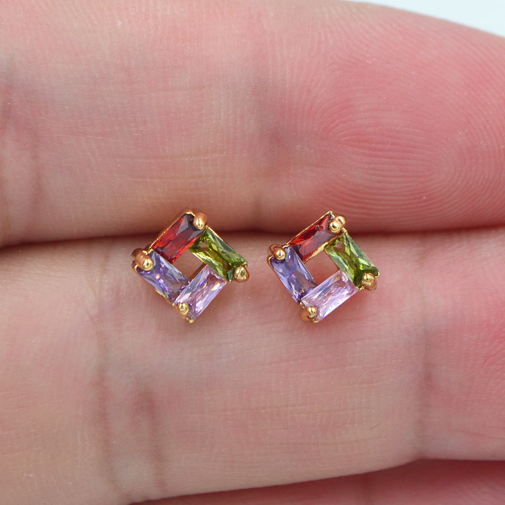 Wholesale Gold Plated Women Multicolor Zircon CZ Square Stud Earrings Jewelry