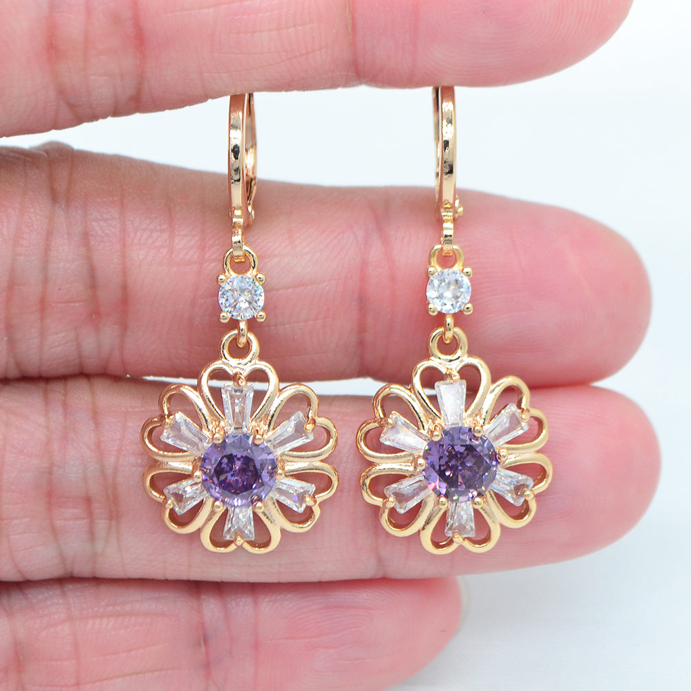 Wholesale Gold Plated Women Purple Zircon CZ Lace Flower Dangle Earring Jewelry