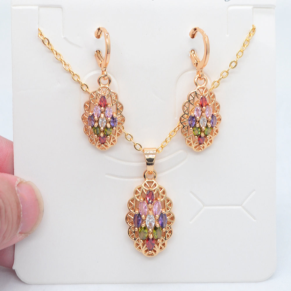 Wholesale Gold Plated Women Fashion Multicolor Zircon CZ Oval Jewelry Set