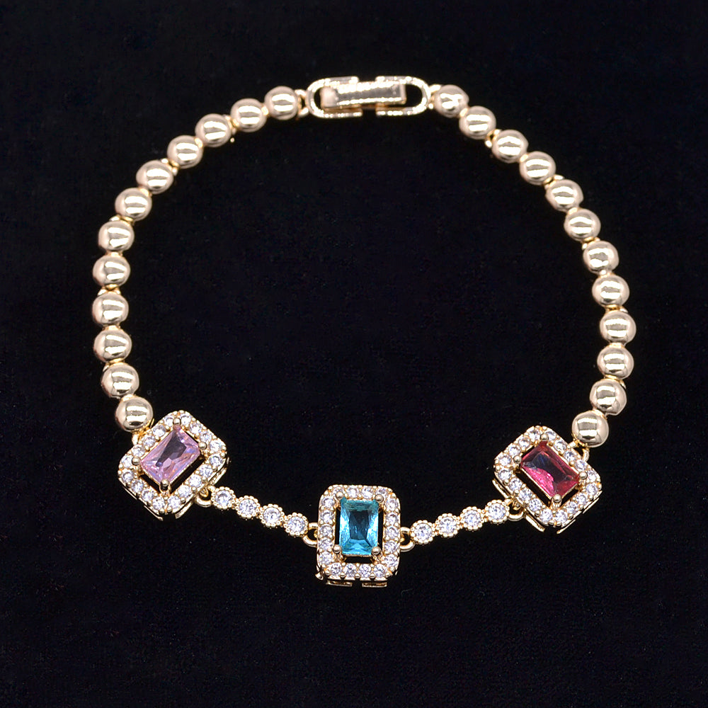 Wholesale Gold Plated Women Multicolor Zircon CZ Rectangle Charm Bracelet Jewelry