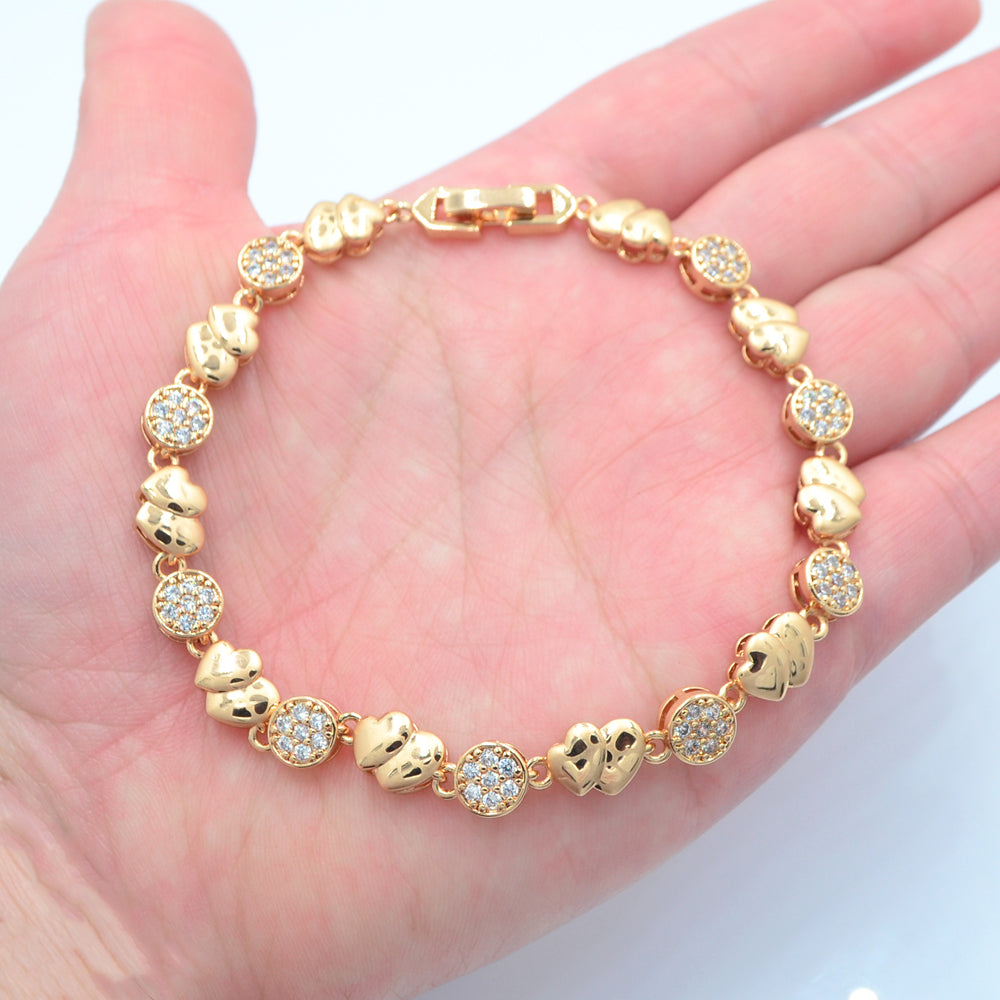 Wholesale Gold Plated Women Clear Zircon CZ Laser Engraving Hearts Link Bracelet Jewelry