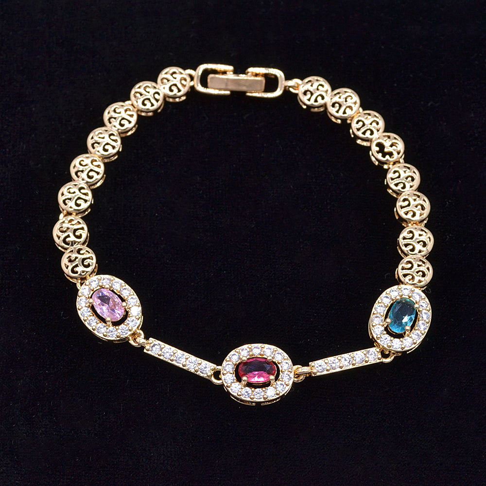 Wholesale Gold Plated Women Multicolor Zircon CZ Halo Oval Charm Bracelet Jewelry
