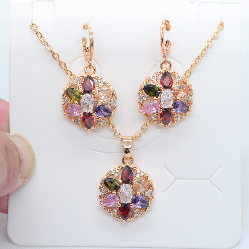 Wholesale Gold Plated Women Multicolor Zircon CZ Flower Round Jewelry Set