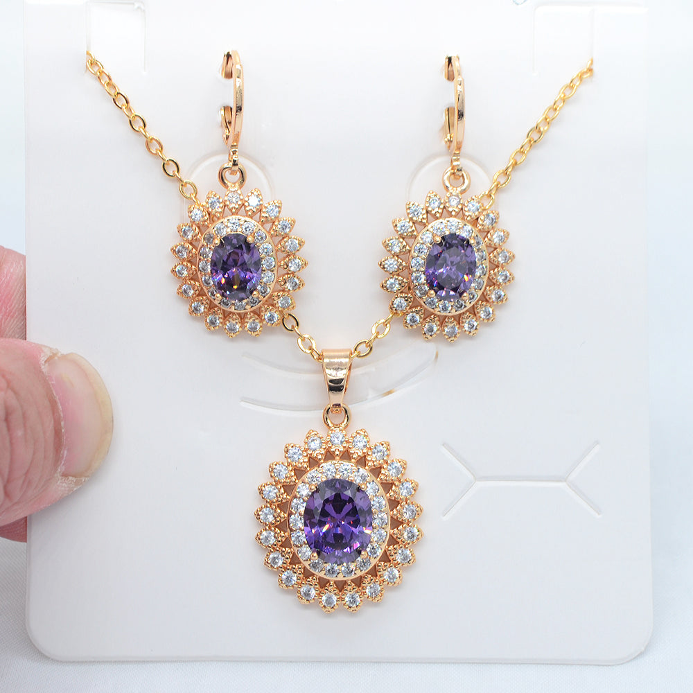 Wholesale Gold Plated Women Luxury Green Zircon CZ Halo Oval Jewelry Set
