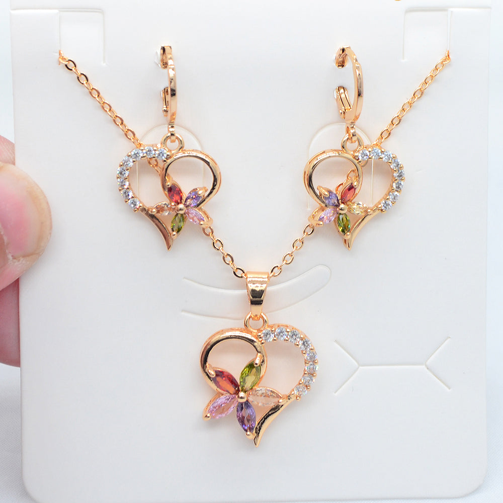 Wholesale Gold Plated Women Fashion Multicolor Zircon CZ Flower Heart Jewelry Set