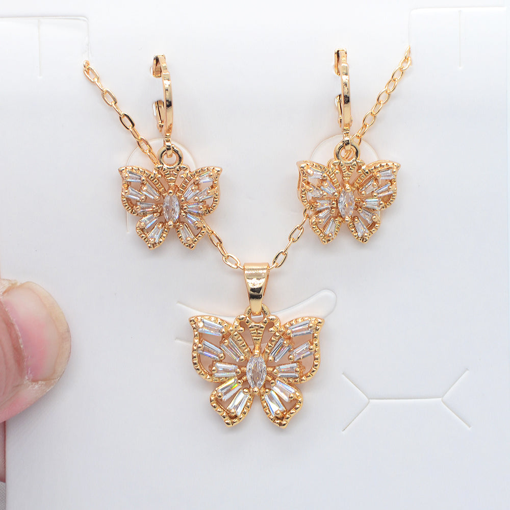 Wholesale Gold Plated Women Trendy Multicolor Zircon CZ Butterfly Jewelry Set