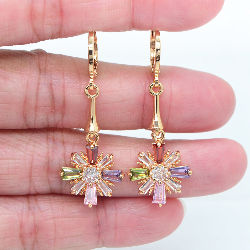 Wholesale Gold Plated Women Multicolor Zircon CZ Flower Drop Earring Jewelry