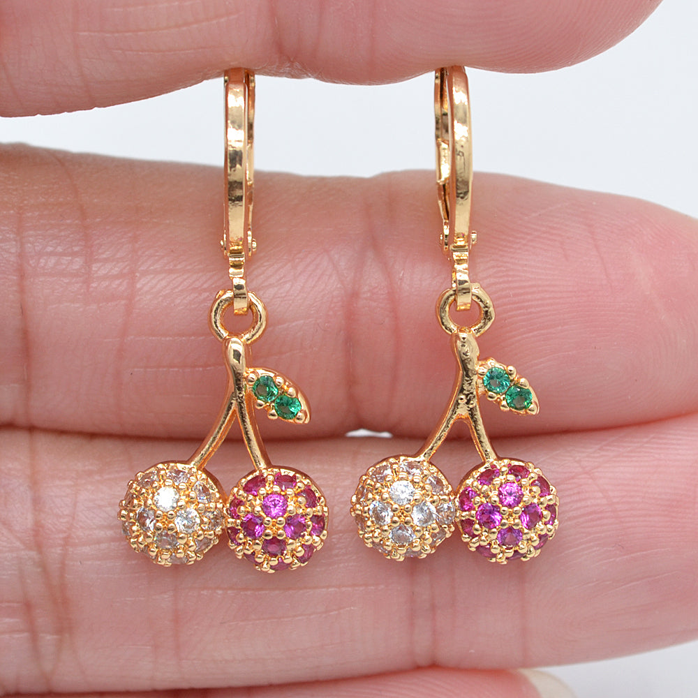 Wholesale Gold Plated Women Clear Zircon CZ Fruit Cherry Drop Earrings Jewelry
