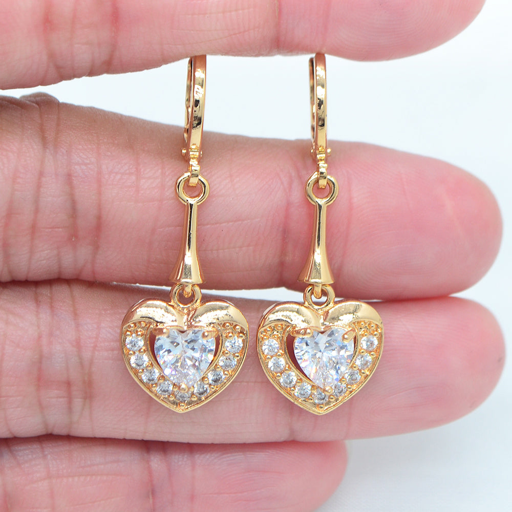 Wholesale Gold Plated Women Clear Zircon CZ Heart Dangle Earring Jewelry