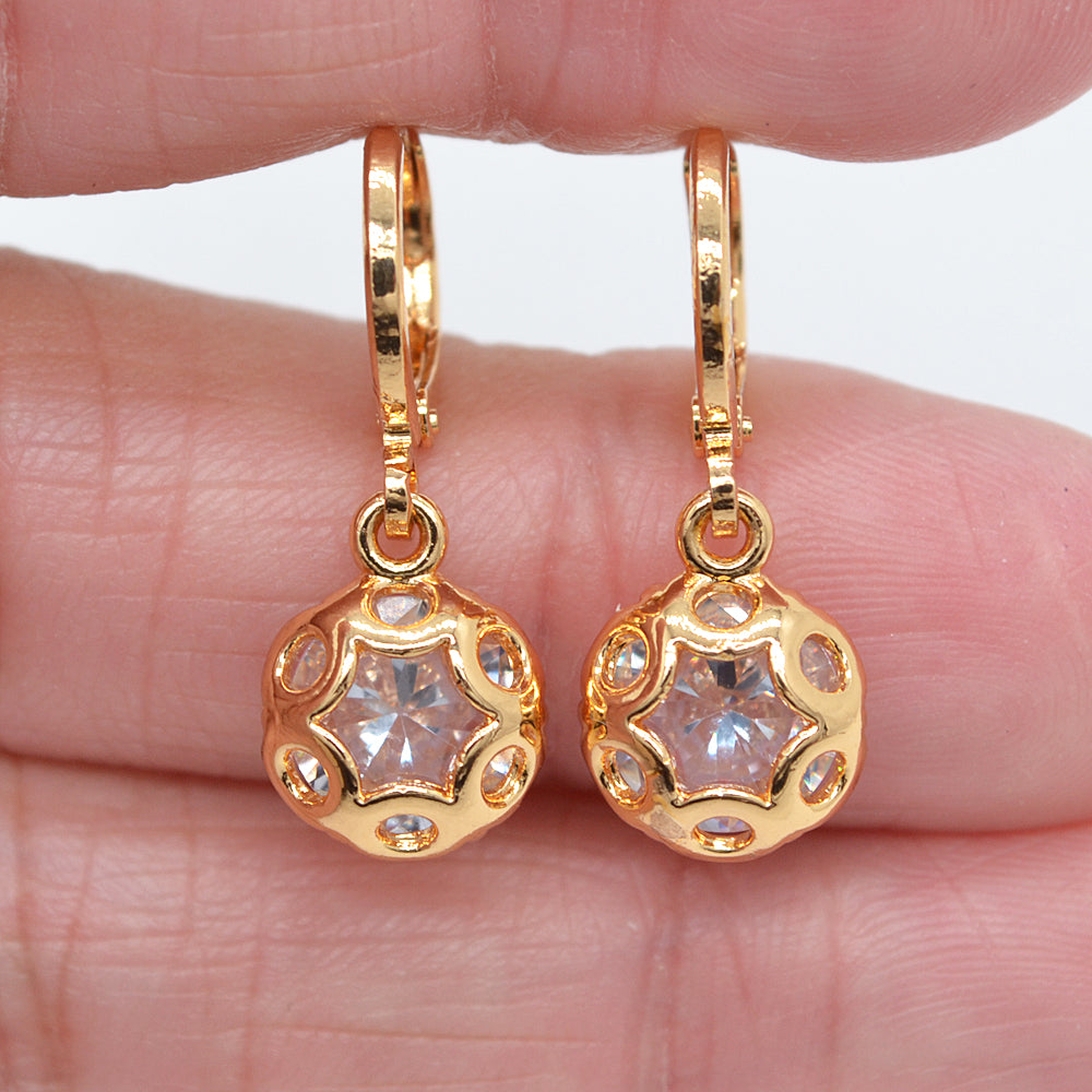 Wholesale Gold Plated Women Red Zircon CZ Hollow Round Dangle Earrings Jewelry