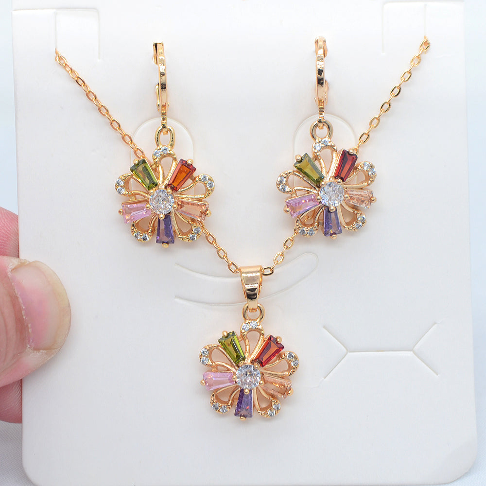 Wholesale Gold Plated Multicolor Zircon CZ Women Flower Jewelry Set