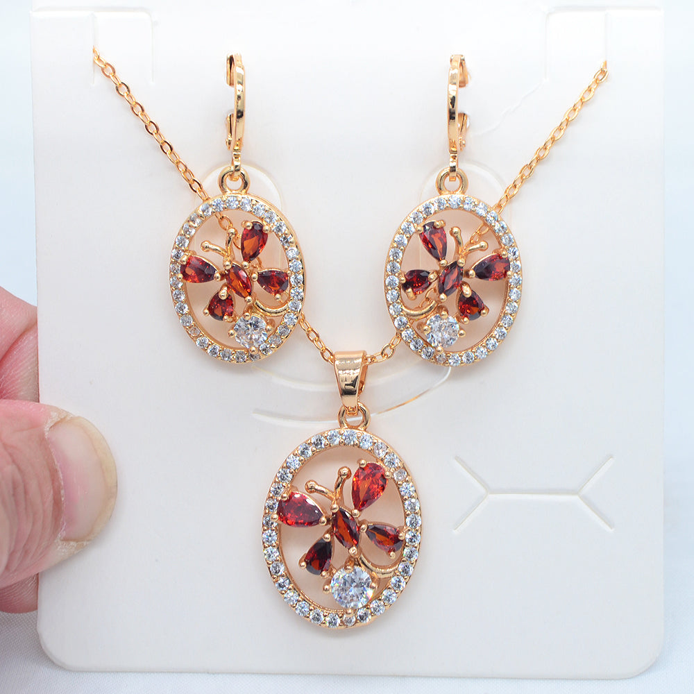 Wholesale Gold Plated Women Red Zircon CZ Oval Flower Wedding Jewelry Set