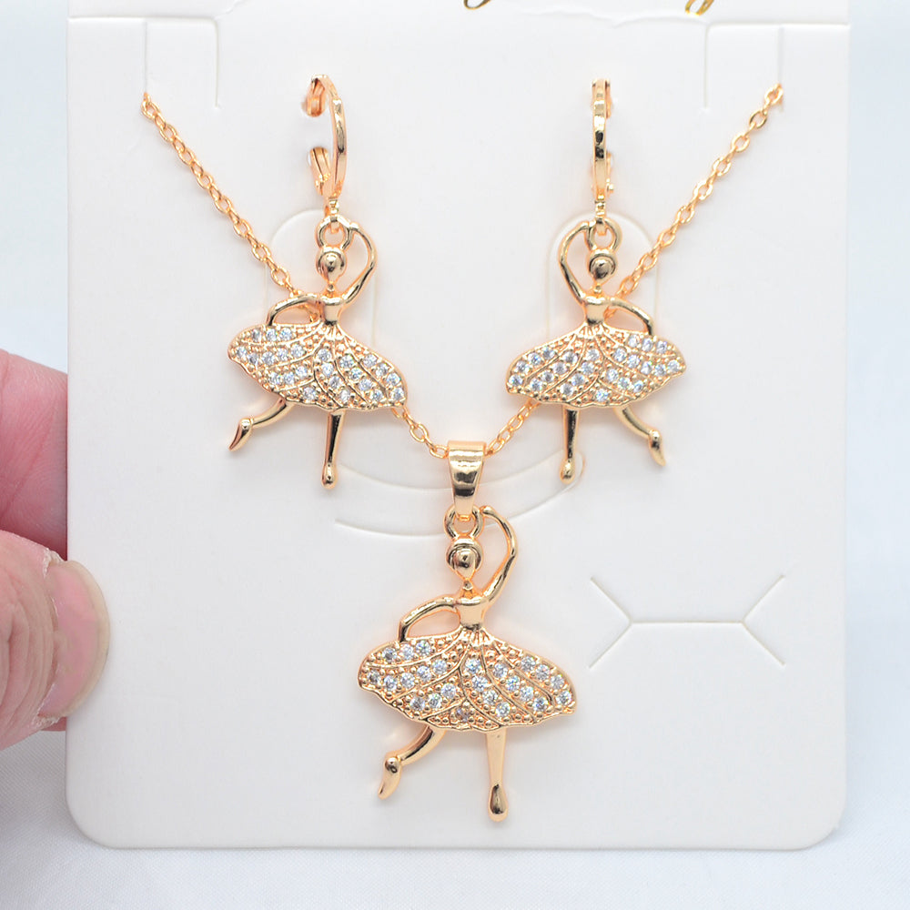 Wholesale Gold Plated Women Clear Zircon CZ Lovely Dancing Girls Jewelry Set