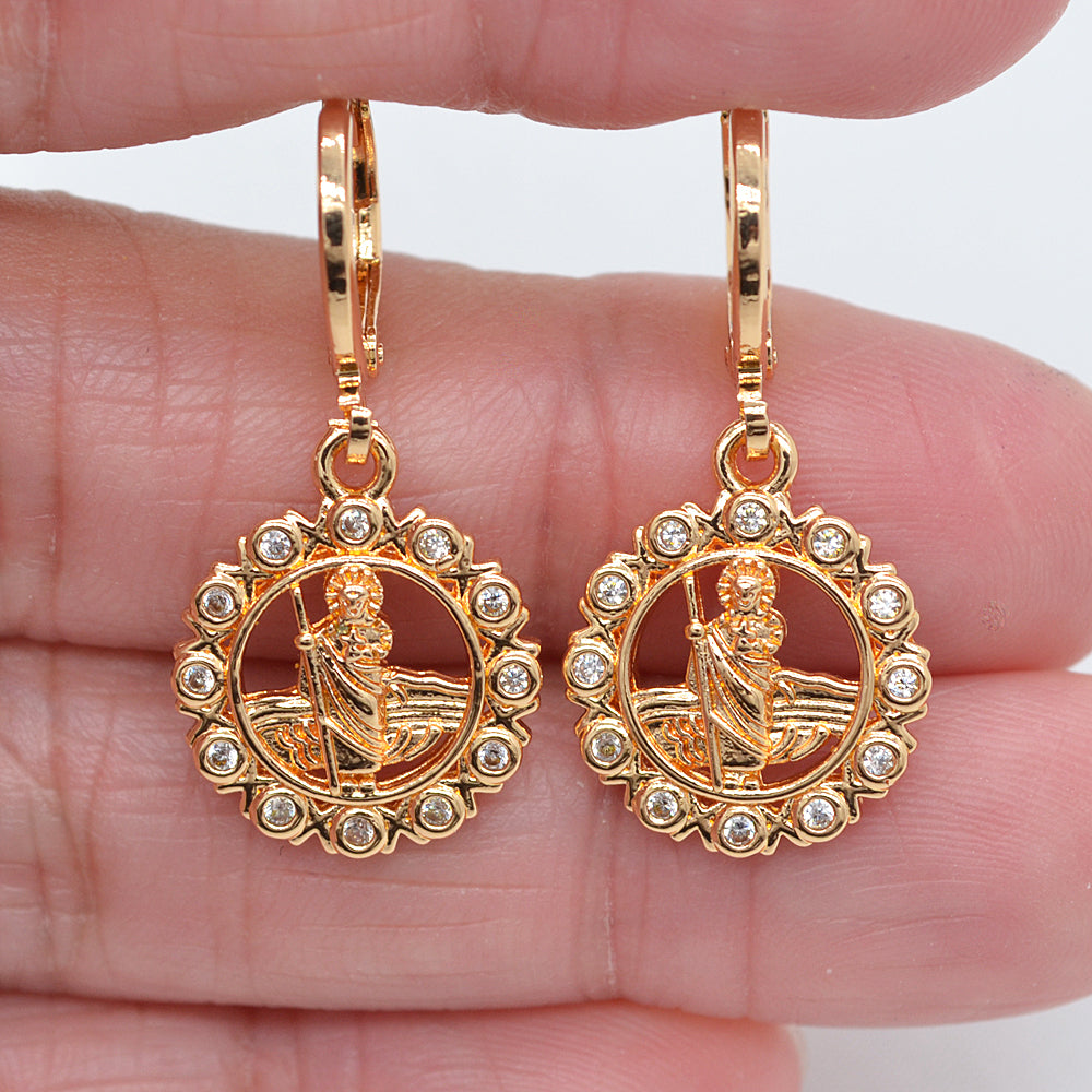 Wholesale Gold Plated Women Clear Zircon CZ Catholic Saint Jude San Judas Dangle Earrings Jewelry