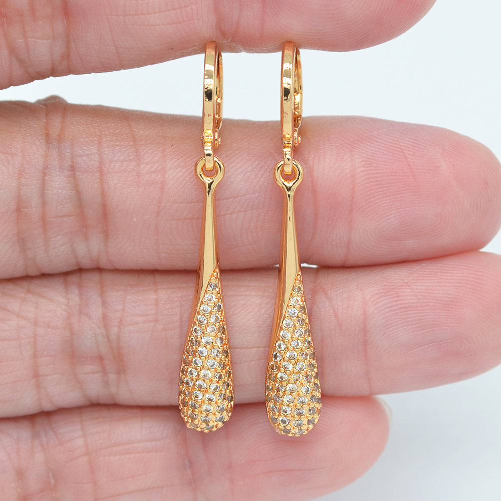 Wholesale Gold Plated Women Clear Zircon CZ Fashion Long Teardrop Dangle Earrings Jewelry