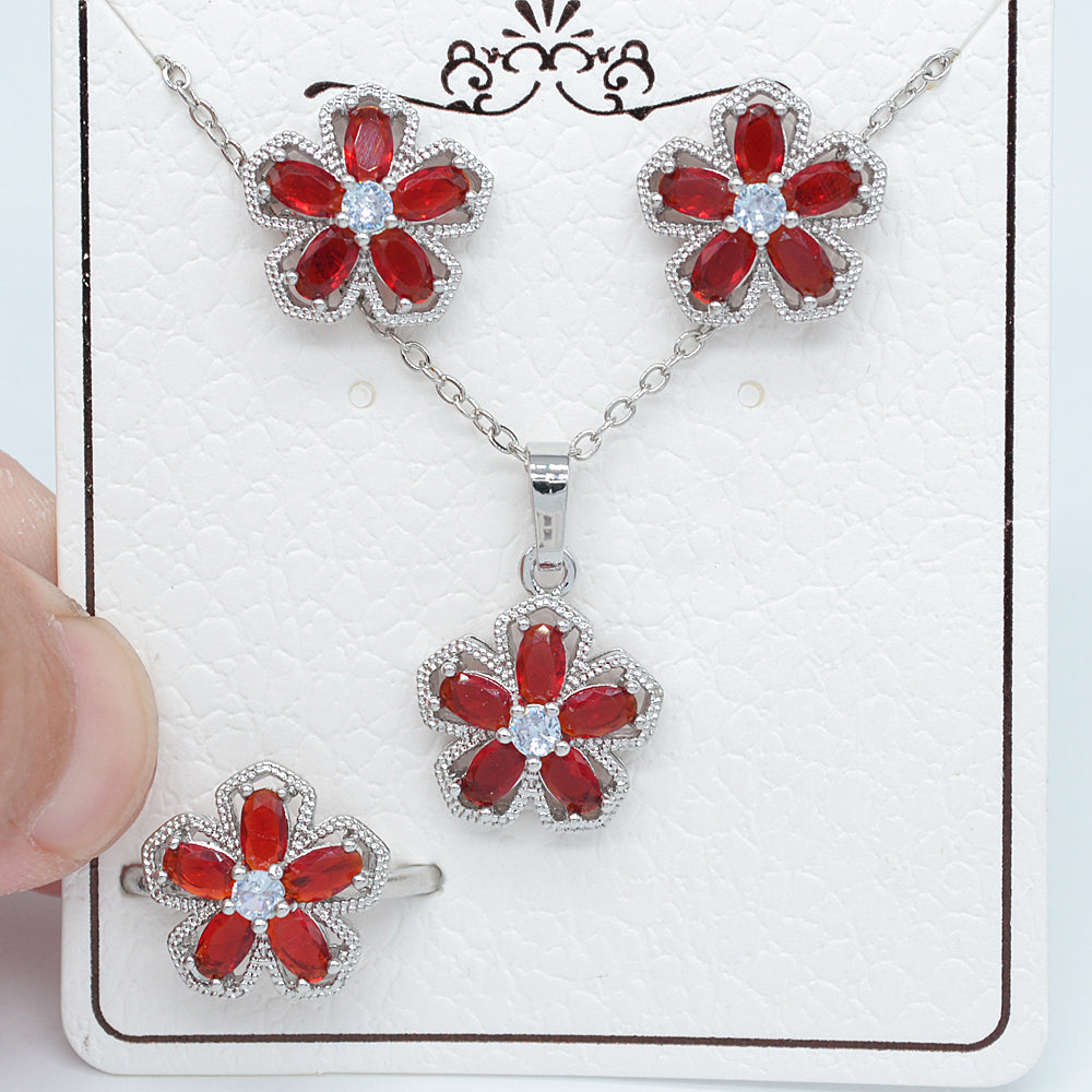 Wholesale Gold Plated Women Green Zircon CZ Flower Jewelry Set Free Ring Size