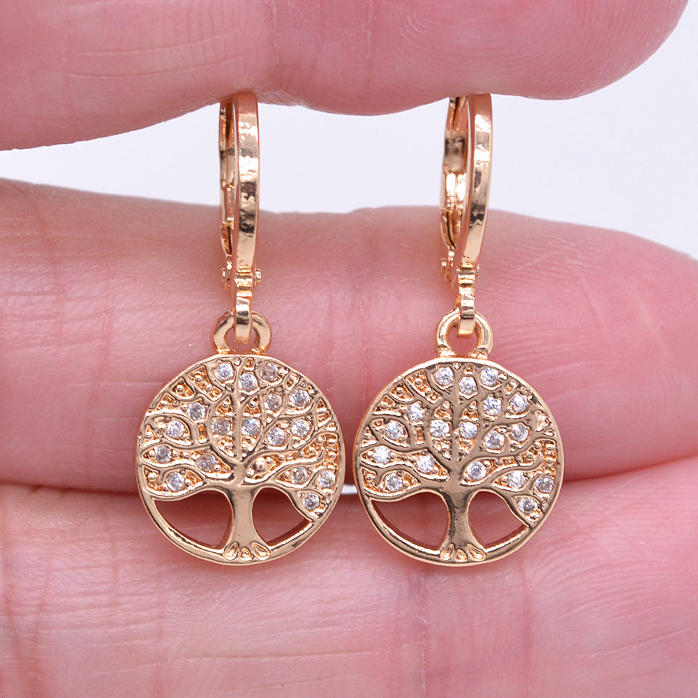 Wholesale Gold Plated Women Clear Zircon CZ Family Tree of Life Round Dangle Earrings Jewelry