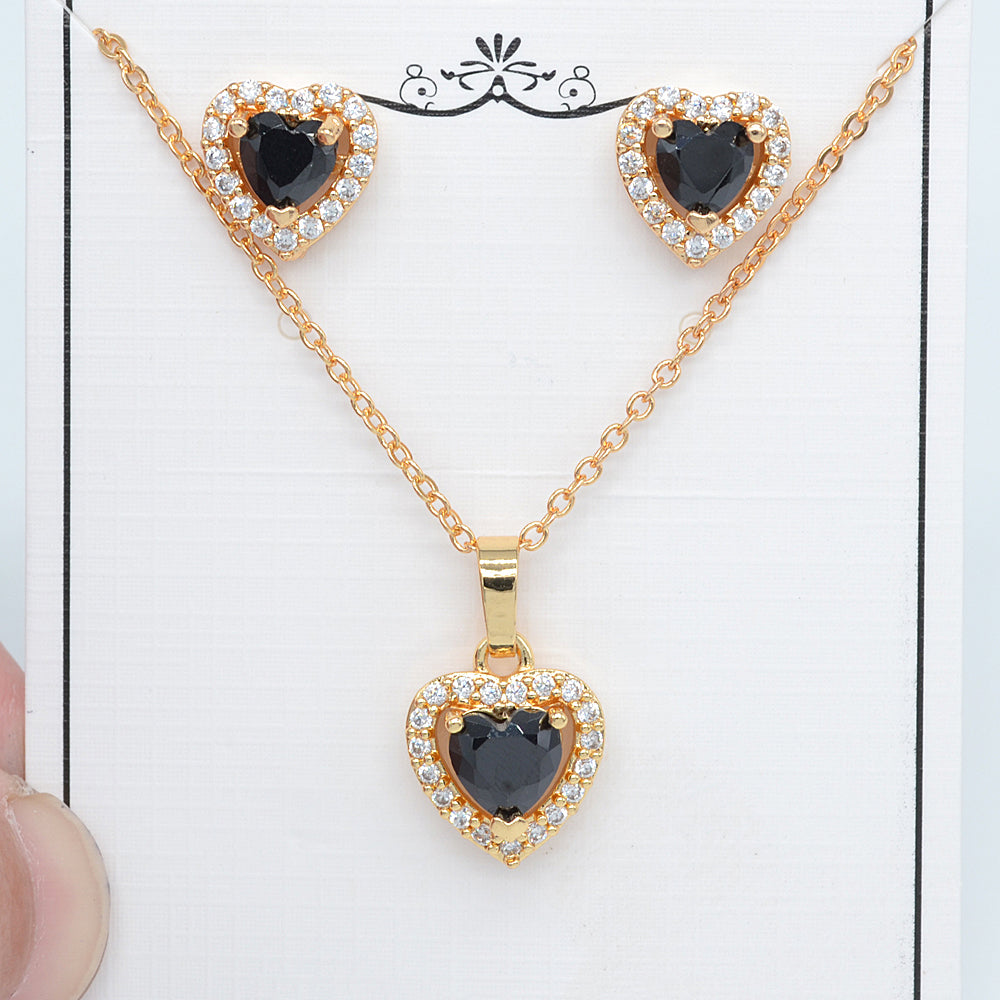Wholesale Gold Plated Women Black Zircon CZ Love Hearts Jewelry Set